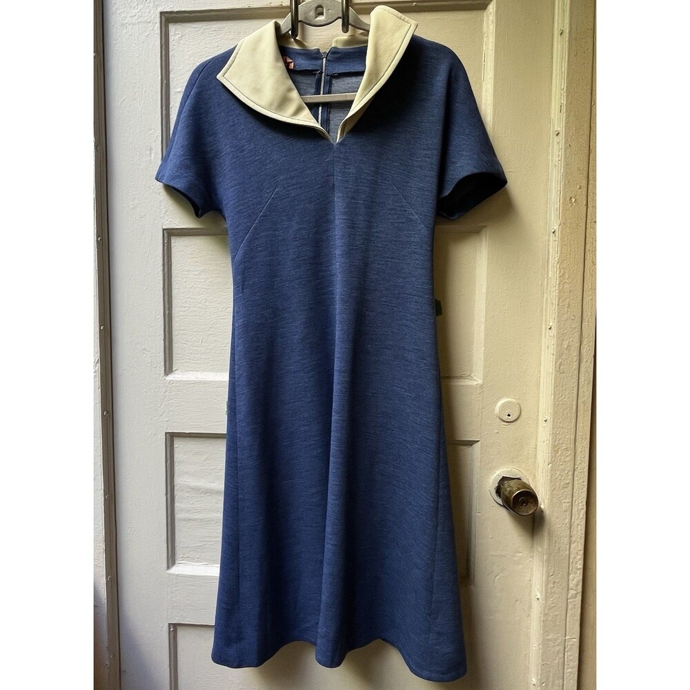Vintage Sailor Dress Med Blue Knit Collared Preppy Nautical Academic Twee Indie